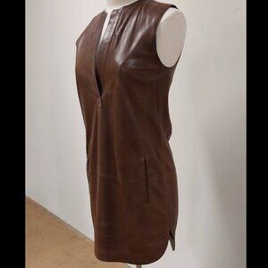 Vince. Brown Leather Sleeveless Short Dress w/pockets Size: 2